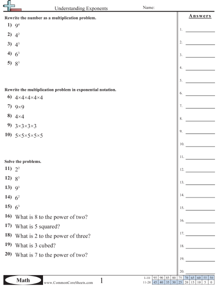 Multiplication Worksheets - Understand Exponents worksheet